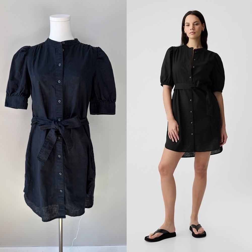 GAP Black Linen Cotton Puff Sleeve Mini Shirtdress Minimalist Contemporary